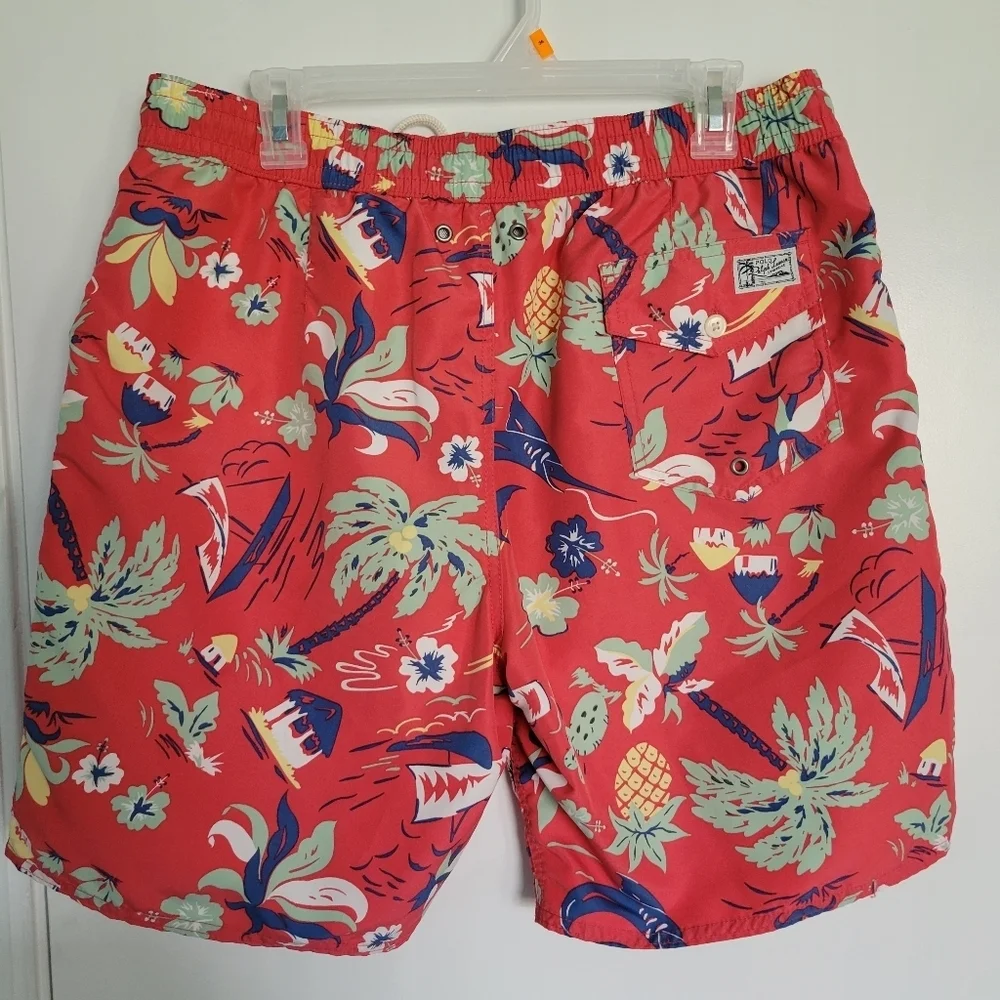 Polo Ralph Lauren Swim Trunks Mens L Pink Netted Hawaiian Sail Boat Palm Tree
